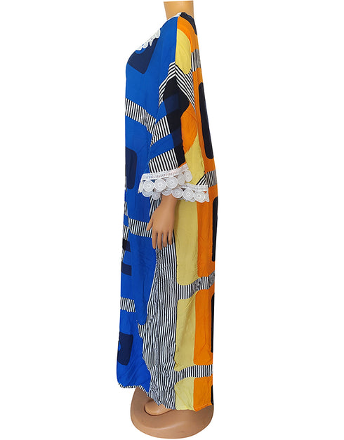 Colorful O-neck Bat Sleeve Kaftan for Women in African Print